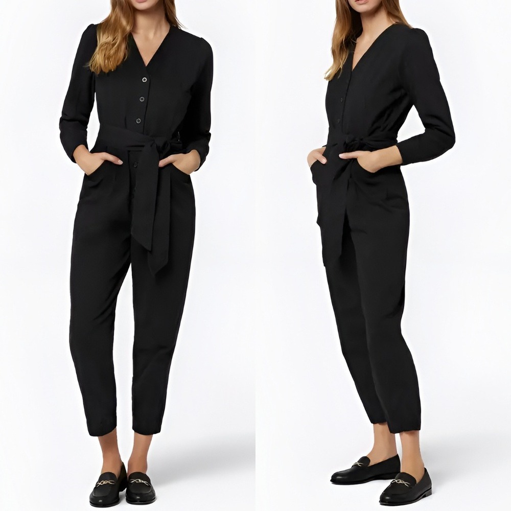 Joie Black Denim Leray Jumpsuit Womens Size 4 Overall Cropped‎ Button Up